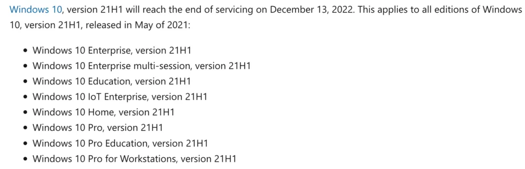 Windows 10 21H1 將於 2022/12/23 停止支援！