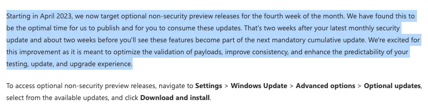 間隔兩禮拜，微軟變更非安全性預覽更新週期至每個月最後一週