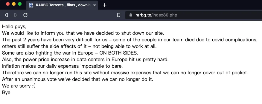RARBG 種子網站突然關閉，官方給出原因了