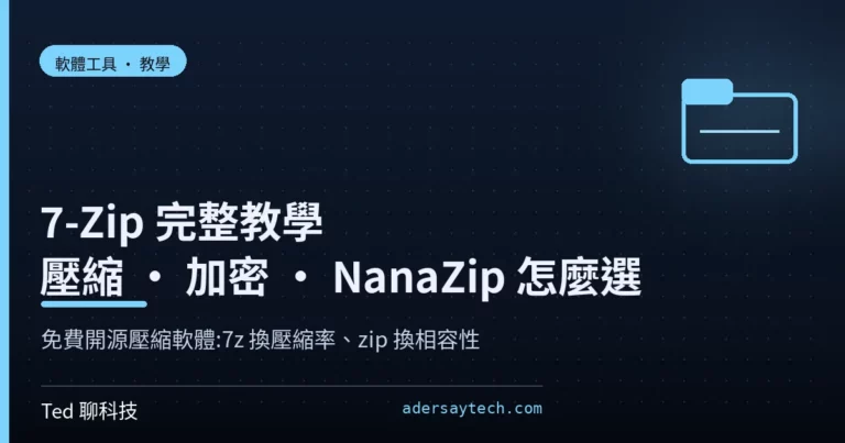 7-Zip 與 NanaZip 壓縮軟體教學封面,7z 與 zip 格式與壓縮率示意