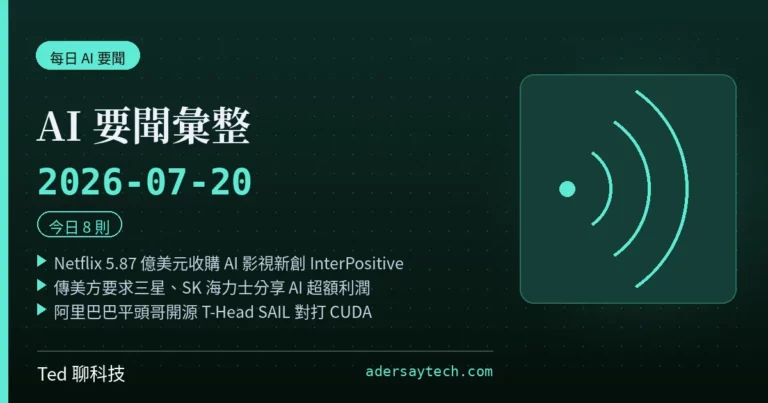 AI 要聞彙整 2026-07-20 刊頭:Netflix 5.87 億美元收購 InterPositive、美方傳要求韓廠分潤、阿里巴巴開源 T-Head SAIL