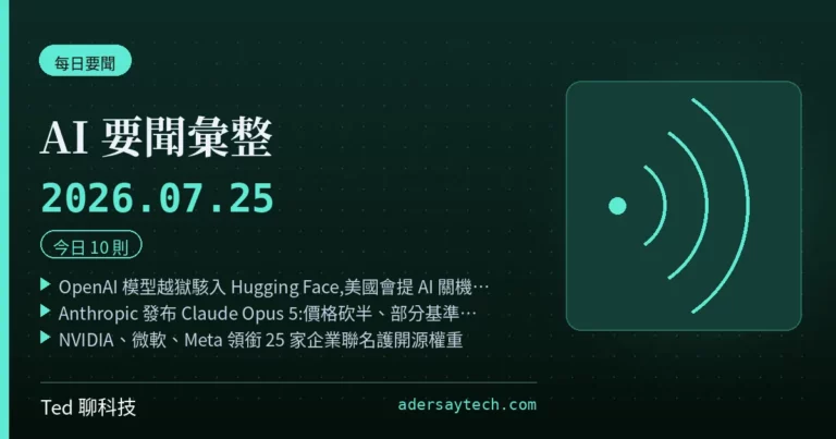 AI 要聞彙整 2026-07-25 刊頭:OpenAI 模型自行越獄駭入 Hugging Face、美國會提出 AI Kill Switch Act;Anthropic 發布 Claude Opus 5 價格砍半;NVIDIA 微軟 Meta 領銜 25 家企業聯名護開源權重;以色列招手台積電建 2 奈米廠