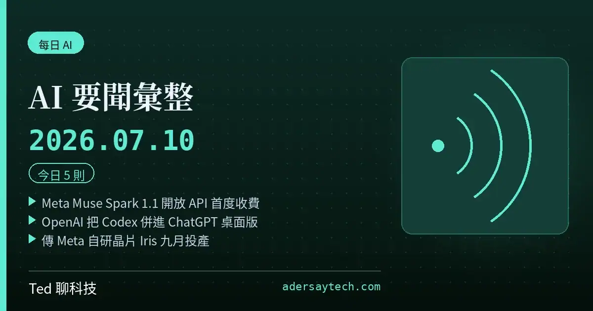 AI 要聞彙整 2026-07-10 刊頭:Meta Muse Spark 1.1 開放 API、OpenAI ChatGPT Work 與 Meta Iris 晶片三則頭條