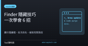 macOS Finder 六招隱藏技巧教學示意,顯示隱藏檔與批次重新命名快捷鍵