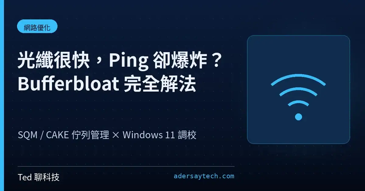 Bufferbloat 緩衝膨脹優化指南封面：深藍底 Wi-Fi 訊號圖示，標題「光纖很快，Ping 卻爆炸？Bufferbloat 完全解法」