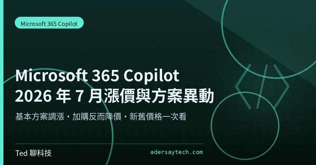 Microsoft 365 Copilot 漲價 2026 年 7 月方案與價格對照示意