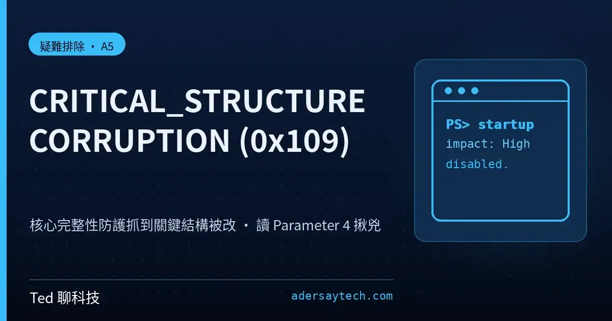 CRITICAL_STRUCTURE_CORRUPTION 0x109 藍屏 PatchGuard 核心完整性除錯示意