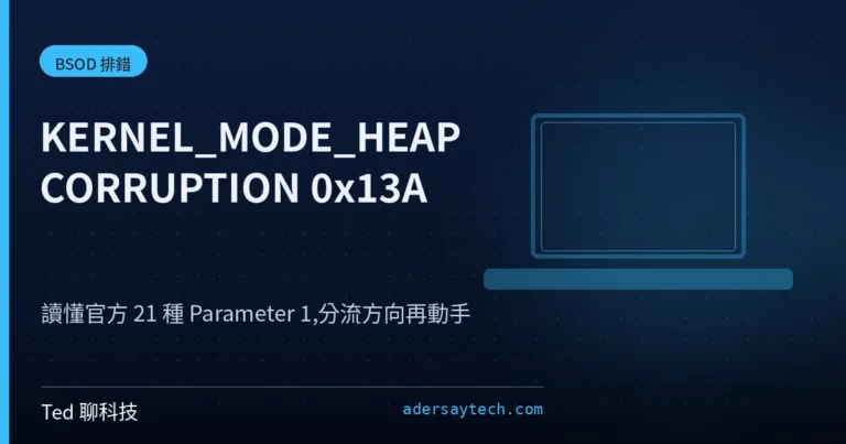KERNEL_MODE_HEAP_CORRUPTION 0x13A 當機畫面示意封面,深藍底配核心堆積損毀圖示