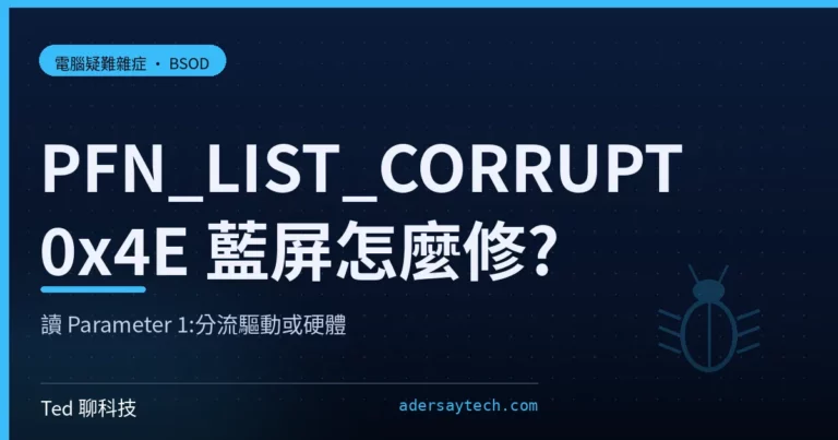 PFN_LIST_CORRUPT 0x4E 藍色當機畫面示意封面,深藍底配頁框編號清單損毀圖示