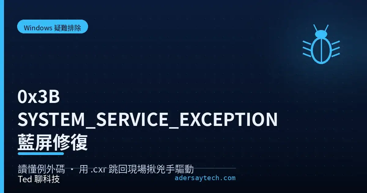 Windows 0x3B 系統服務例外藍屏除錯主題封面 bug 圖示