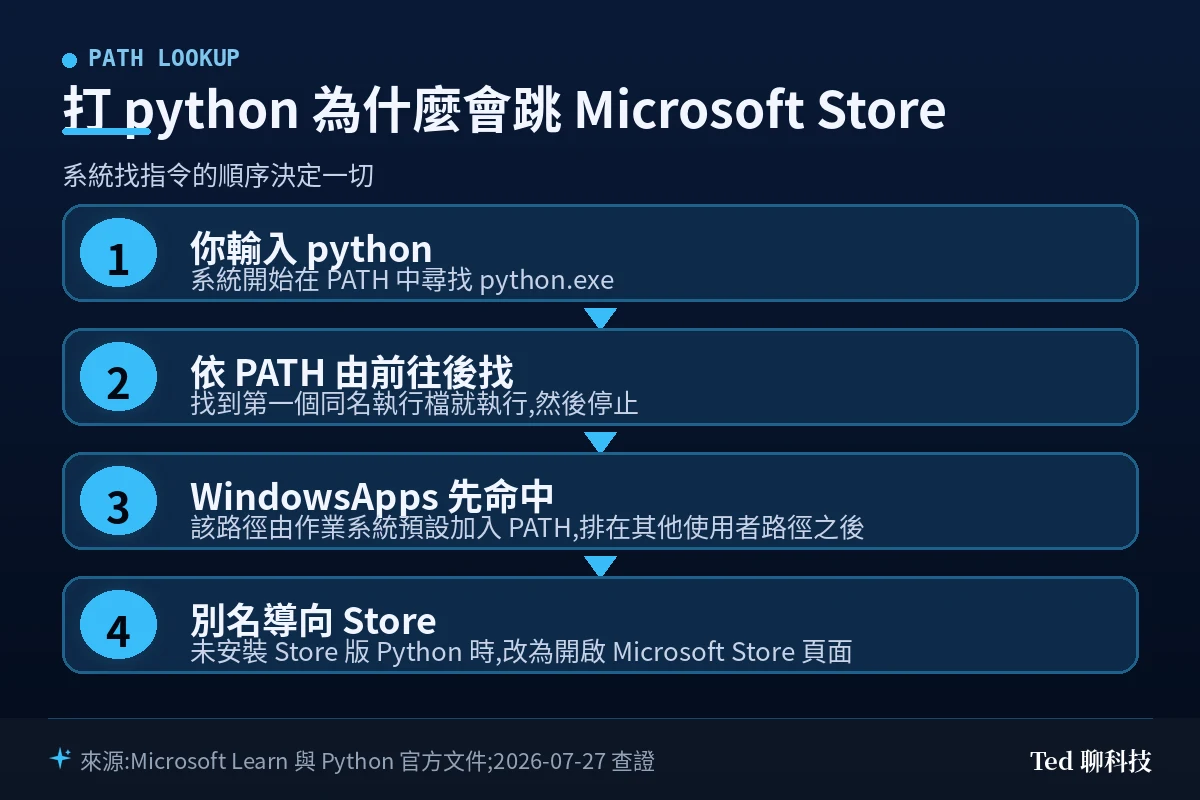 打 python 為什麼會跳 Microsoft Store 的 PATH 尋找順序流程圖