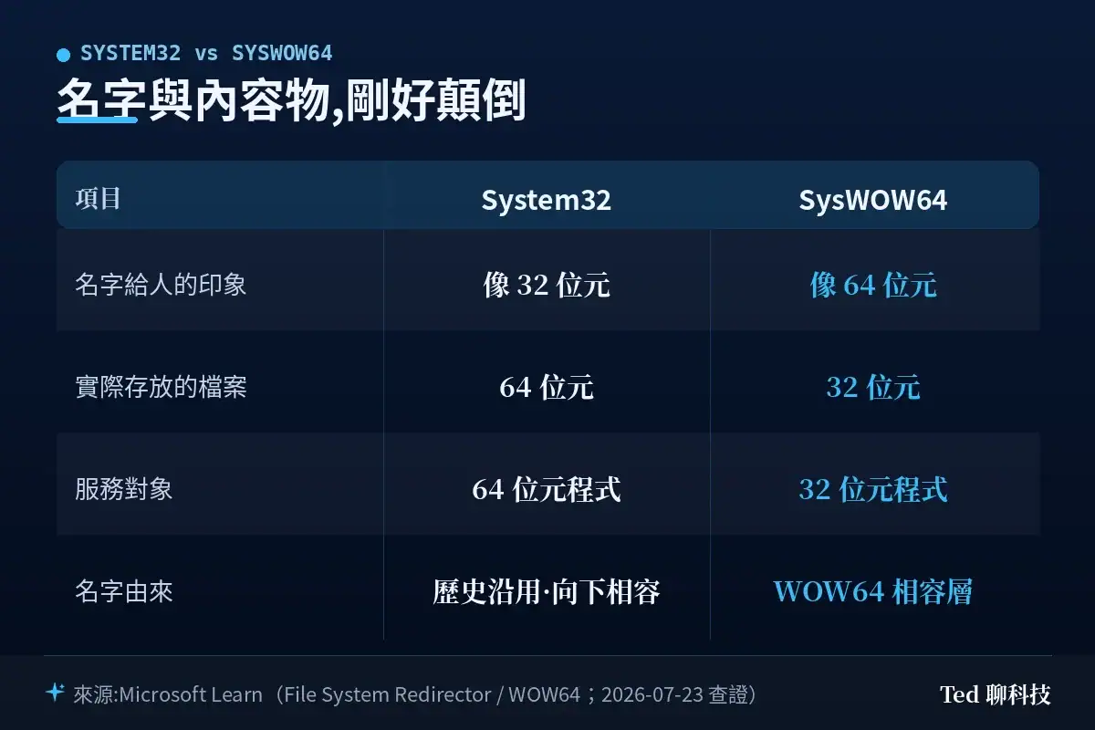 System32 與 SysWOW64 名字與內容物位元數對照
