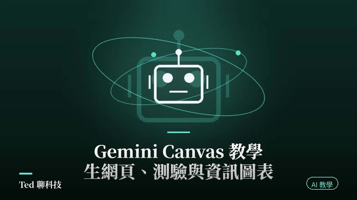 Gemini Canvas 教學封面,AI 主題深色底與介面圖騰示意