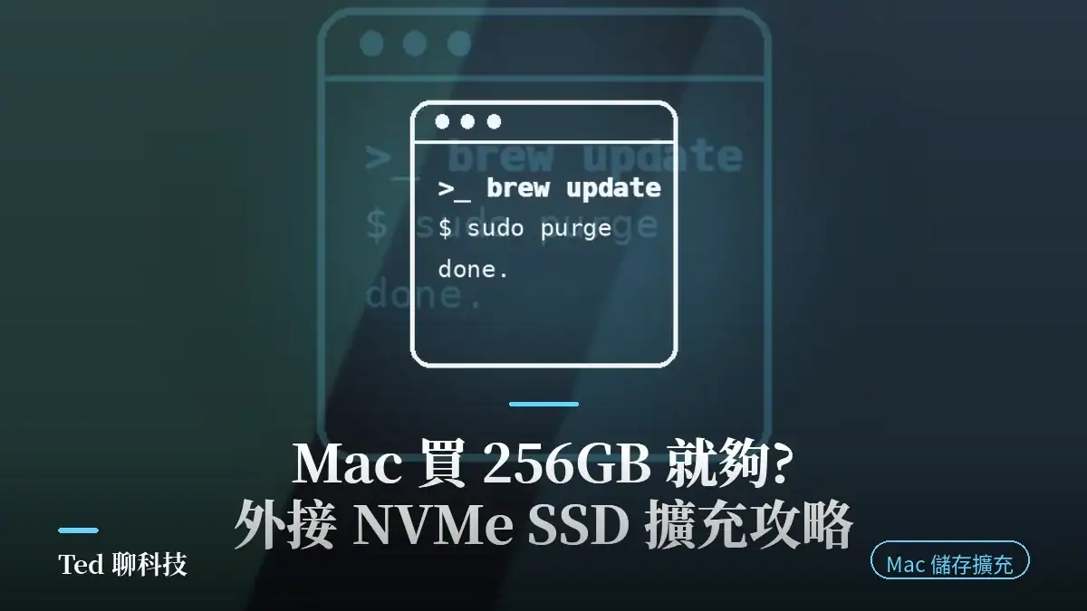 Mac 買 256GB 就夠?外接 NVMe SSD 擴充攻略封面圖,深色底終端機視窗示意