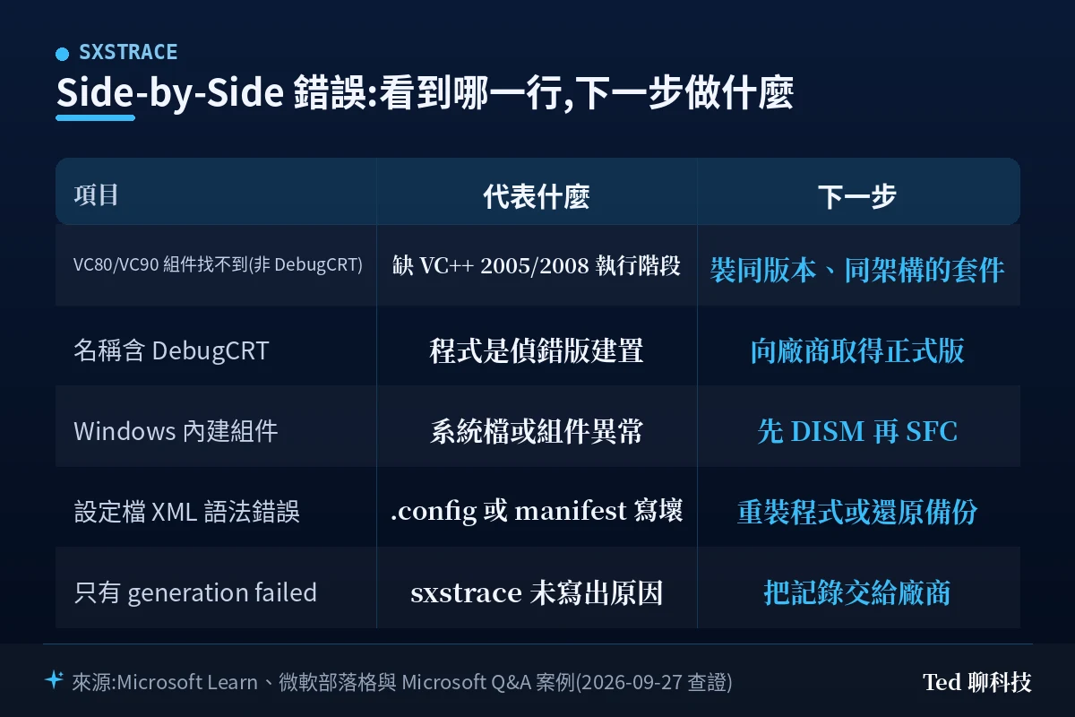 Side-by-Side 錯誤判讀對照圖:VC80/VC90 組件找不到(非 DebugCRT)代表缺 VC++ 2005/2008 執行階段,應安裝同版本同架構的套件;名稱含 DebugCRT 代表程式是偵錯版建置,應向廠商取得正式版;Windows 內建組件代表系統檔或組件異常,先 DISM 再 SFC;設定檔 XML 語法錯誤代表 .config 或 manifest 寫壞,應重裝程式或還原備份;只有 generation failed 代表 sxstrace 未寫出原因,應把記錄交給廠商