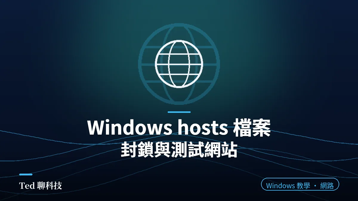 Windows hosts 檔案教學封面,地球網路圖示搭配封鎖與測試網站標題